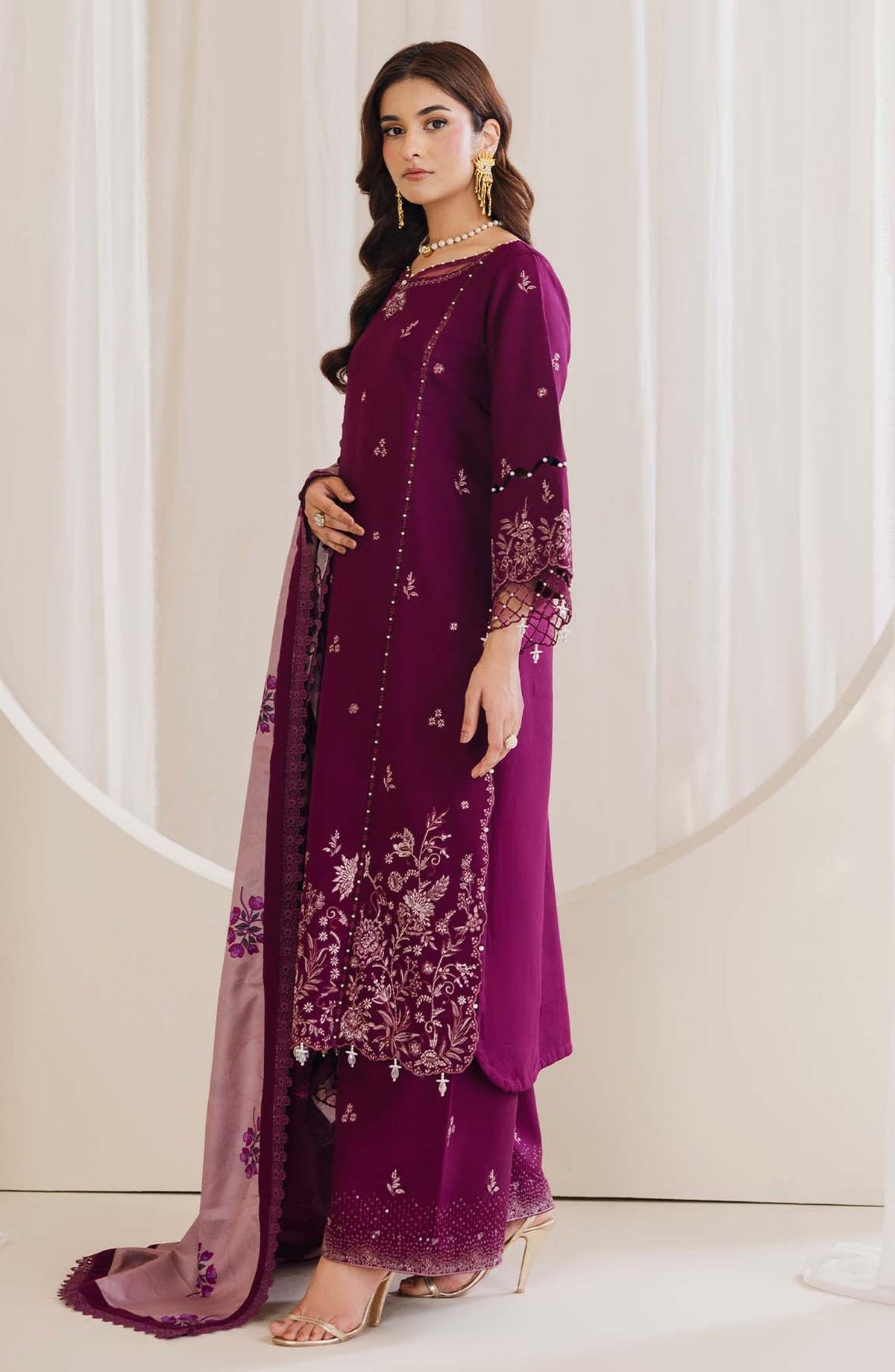 Peridot Embroidered Slub Linen Unstitched 3 Piece Suit - 595-B - PT26WT - Purple - Winter Collection