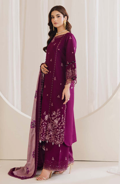 Peridot Embroidered Slub Linen Unstitched 3 Piece Suit - 595-B - PT26WT - Purple - Winter Collection