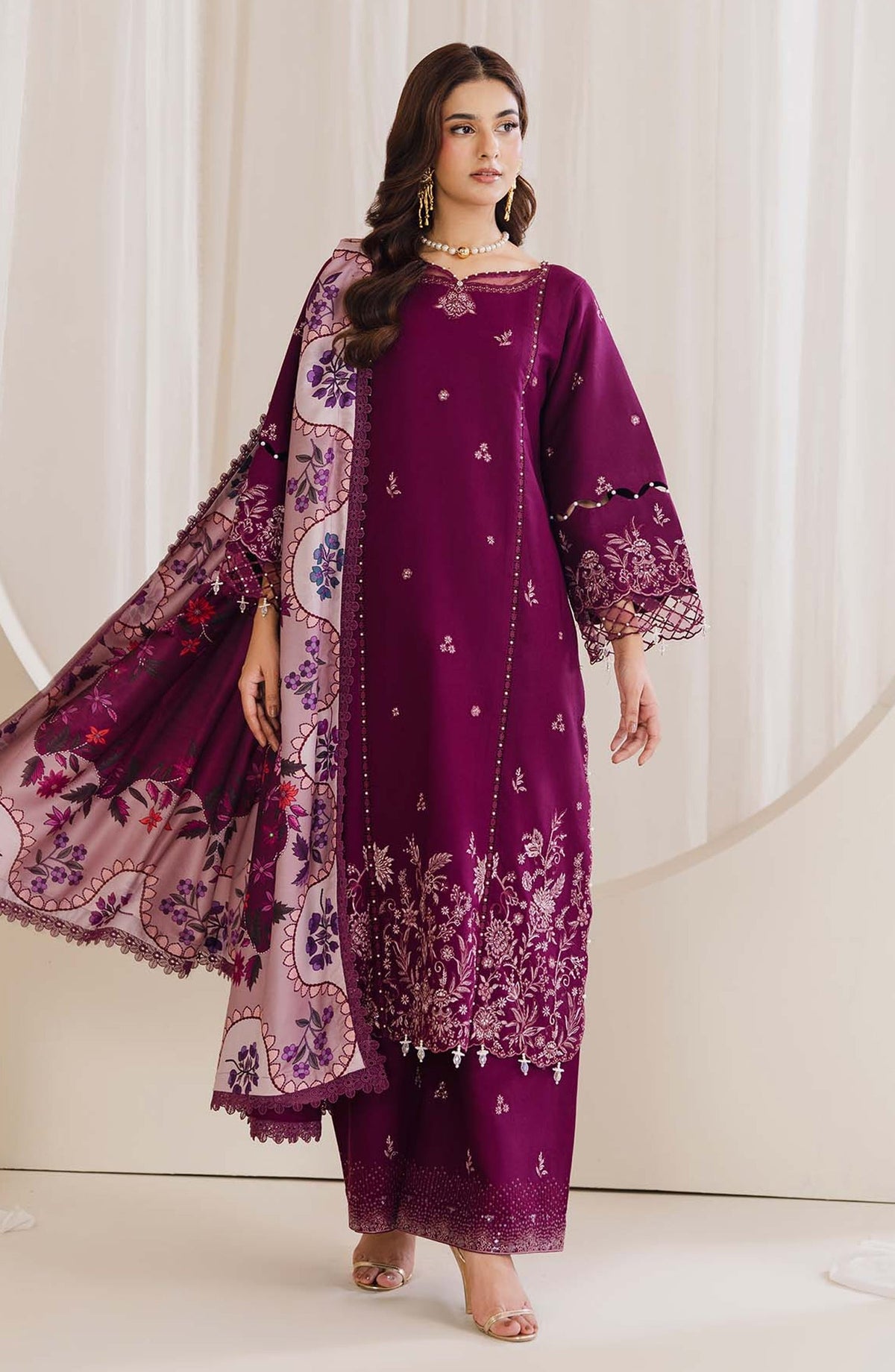 Peridot Embroidered Slub Linen Unstitched 3 Piece Suit - 595-B - PT26WT - Purple - Winter Collection