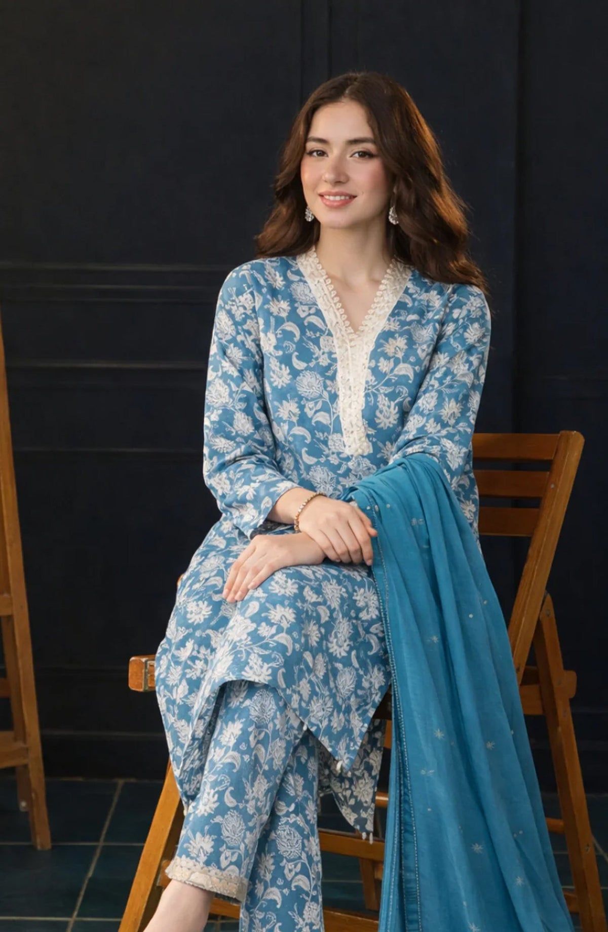 Ayla Printed Lawn Jacquard Stitched 3 Piece Suit - Feroza Gul - AY26ED - Blue - Eid Collection