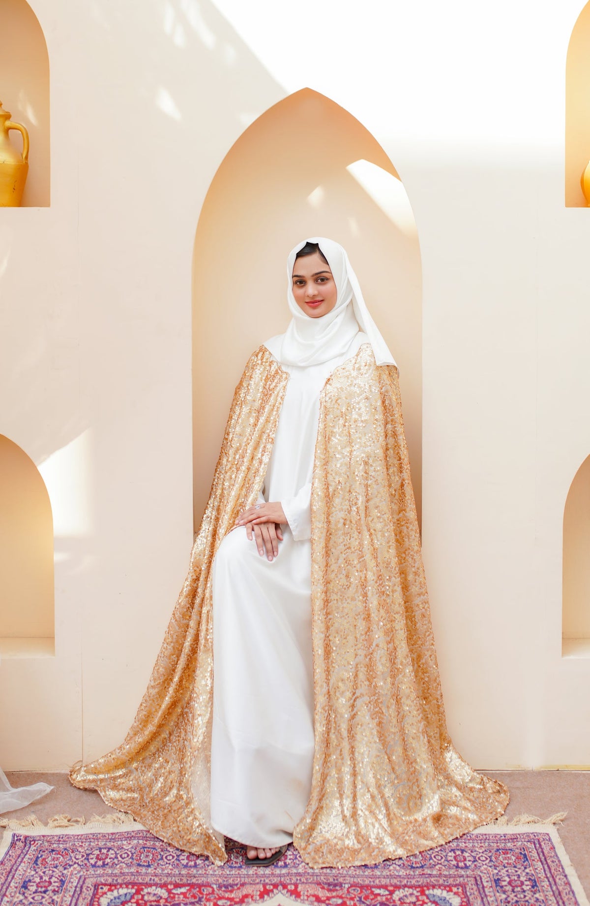 La Khilaba Luxury Wear Printed Net with sequin all over Abaya with attached silk inner - Luxury Sequin Gold Cape - LKH25LWR - Abaya Collection