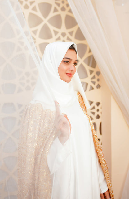 La Khilaba Luxury Wear Printed Net with sequin all over Abaya with attached silk inner - Luxury Sequin Gold Cape - LKH25LWR - Abaya Collection