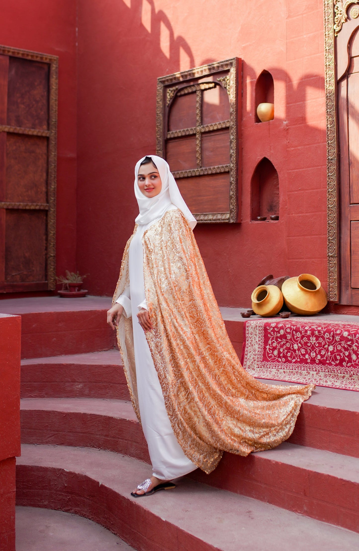 La Khilaba Luxury Wear Printed Net with sequin all over Abaya with attached silk inner - Luxury Sequin Gold Cape - LKH25LWR - Abaya Collection