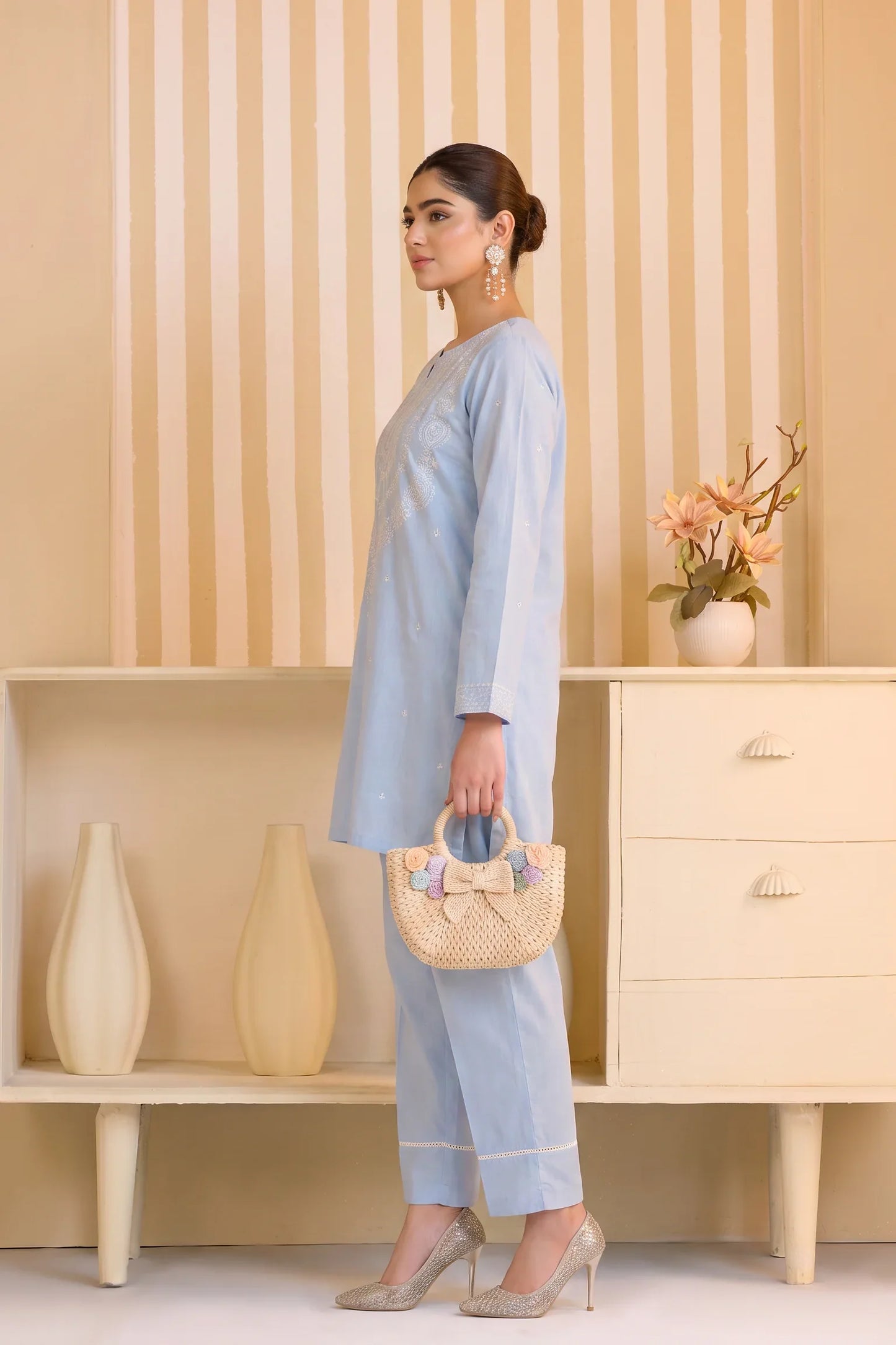 Mulaqaat By Amna Khadija Embroidered Cotton Stitched 2 Piece Co-Ord Set - AKMEC-16 - AM26MULQD3 - Sky Blue - Summer Collection