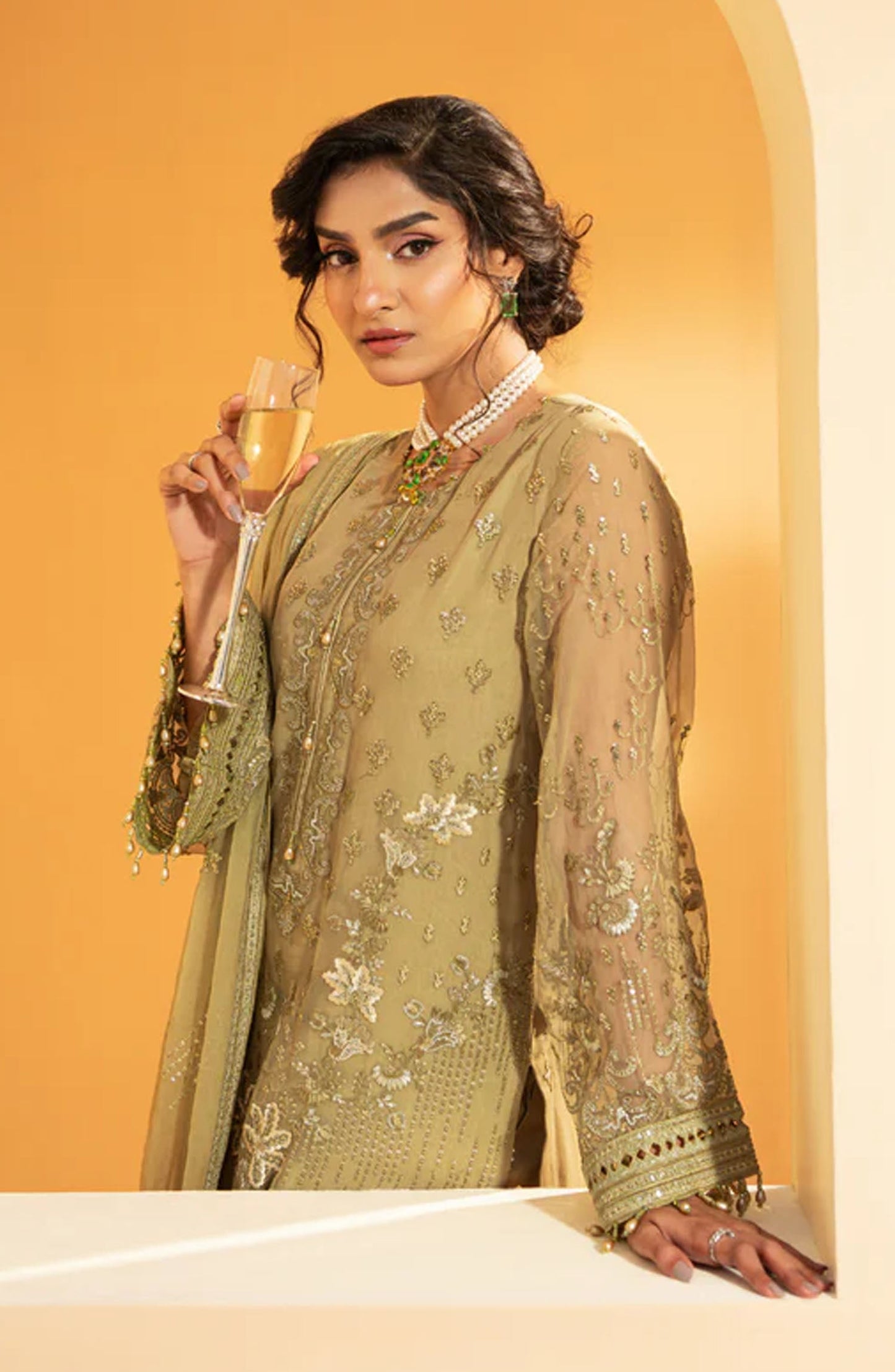 Nikhaar by Lavish Premium Embroidered Chiffon Unstitched 3 Piece Suit - Akaroa - LP25NIK - Golden - Formal Collection
