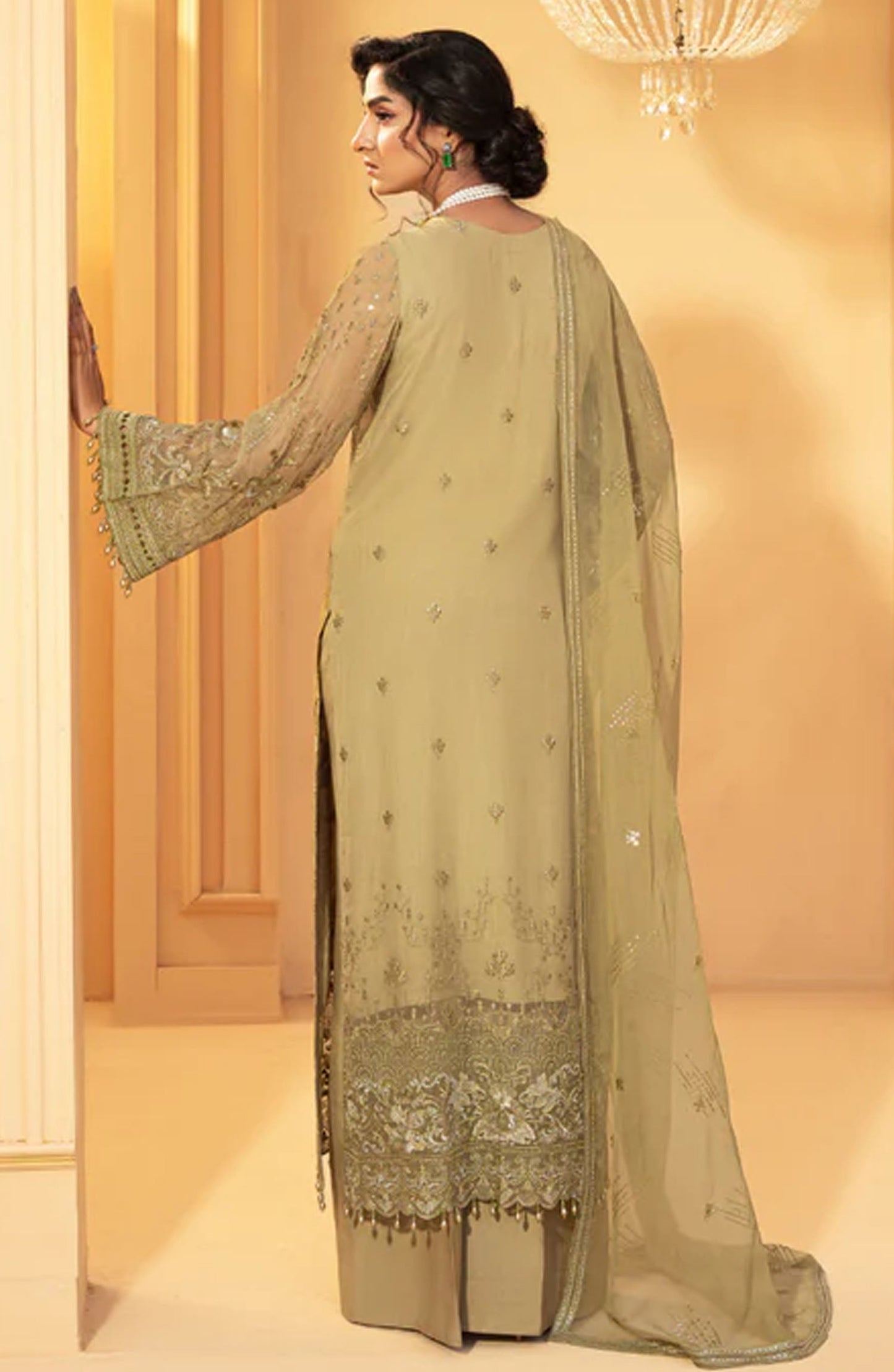Nikhaar by Lavish Premium Embroidered Chiffon Unstitched 3 Piece Suit - Akaroa - LP25NIK - Golden - Formal Collection