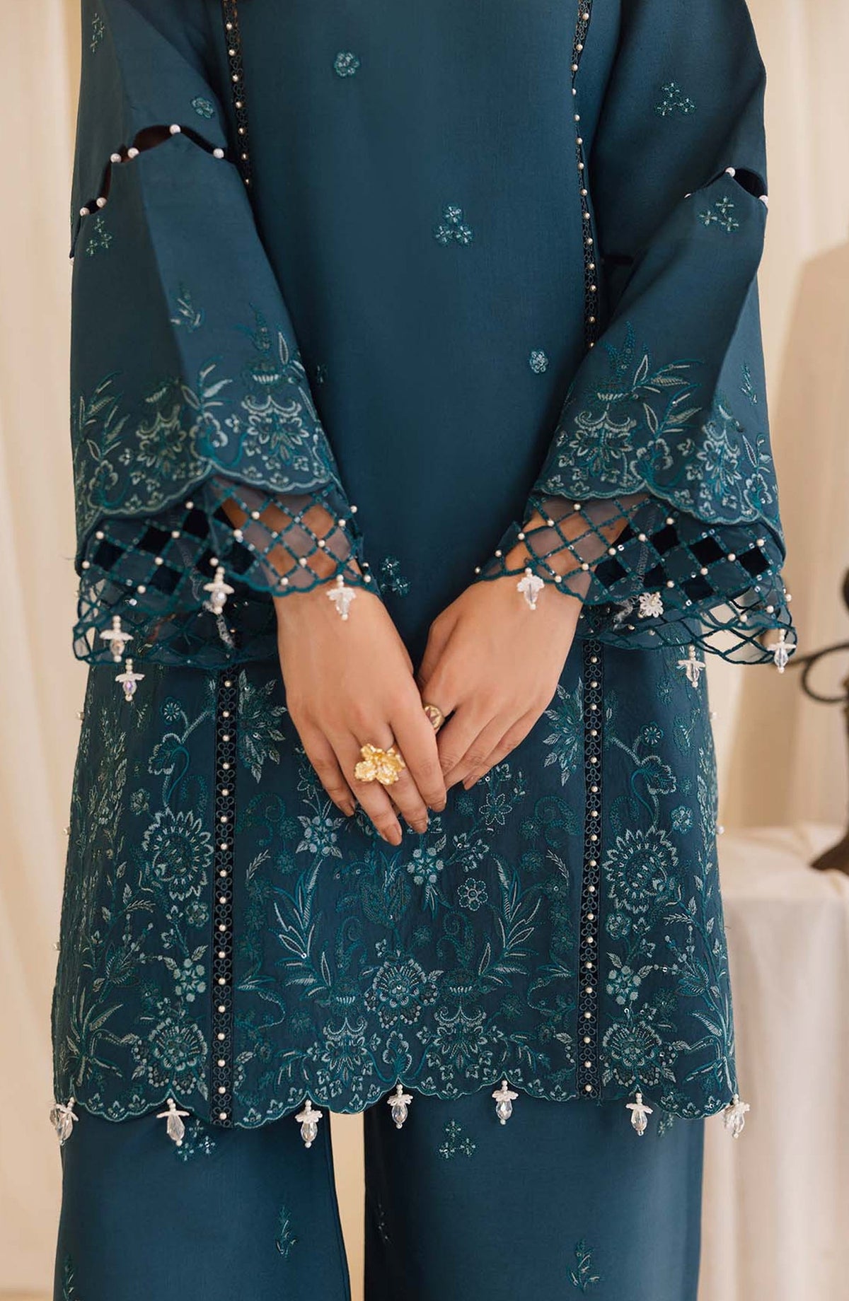 Peridot Embroidered Slub Linen Unstitched 3 Piece Suit - 595-A - PT26WT - Blue - Winter Collection