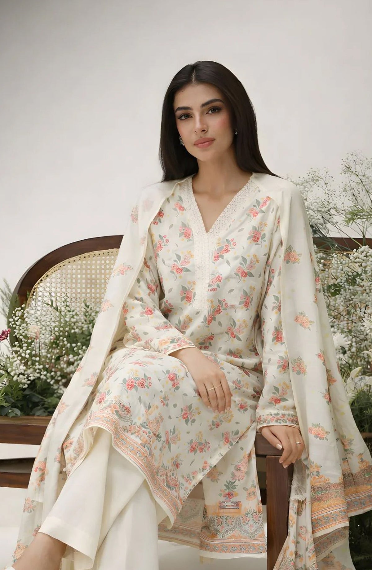 Ayla Printed Lawn Jacquard Stitched 3 Piece Suit - Gul-e-Narma - AY26ED - Cream - Eid Collection