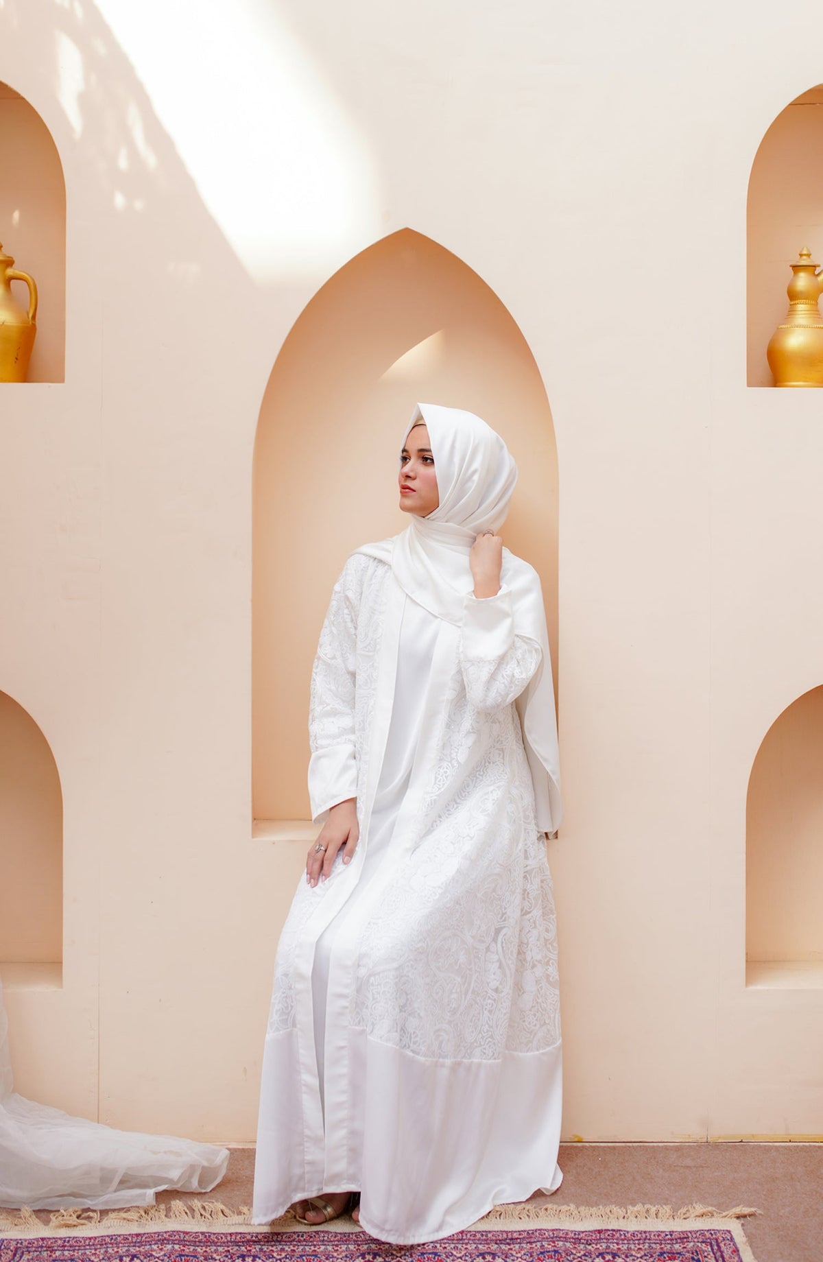 La Khilaba Luxury Wear Printed Premium Quality Sequin Net - White Sequin Open Abaya - LKH25LWR - Abaya Collection