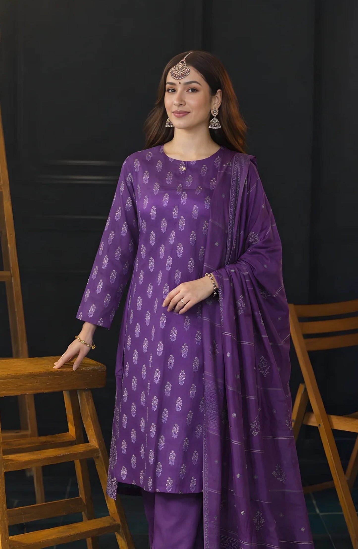 Ayla Printed Lawn Jacquard Stitched 3 Piece Suit - Zafaran Baft - AY26ED - Purple - Eid Collection