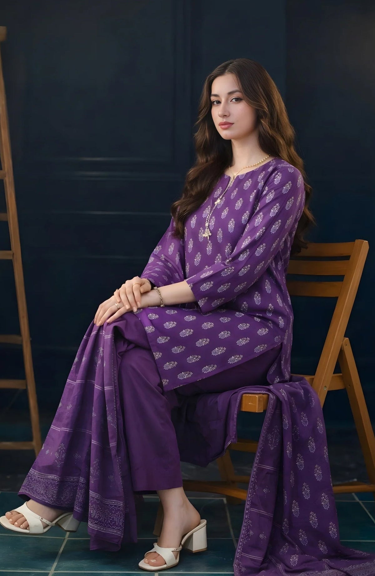 Ayla Printed Lawn Jacquard Stitched 3 Piece Suit - Zafaran Baft - AY26ED - Purple - Eid Collection