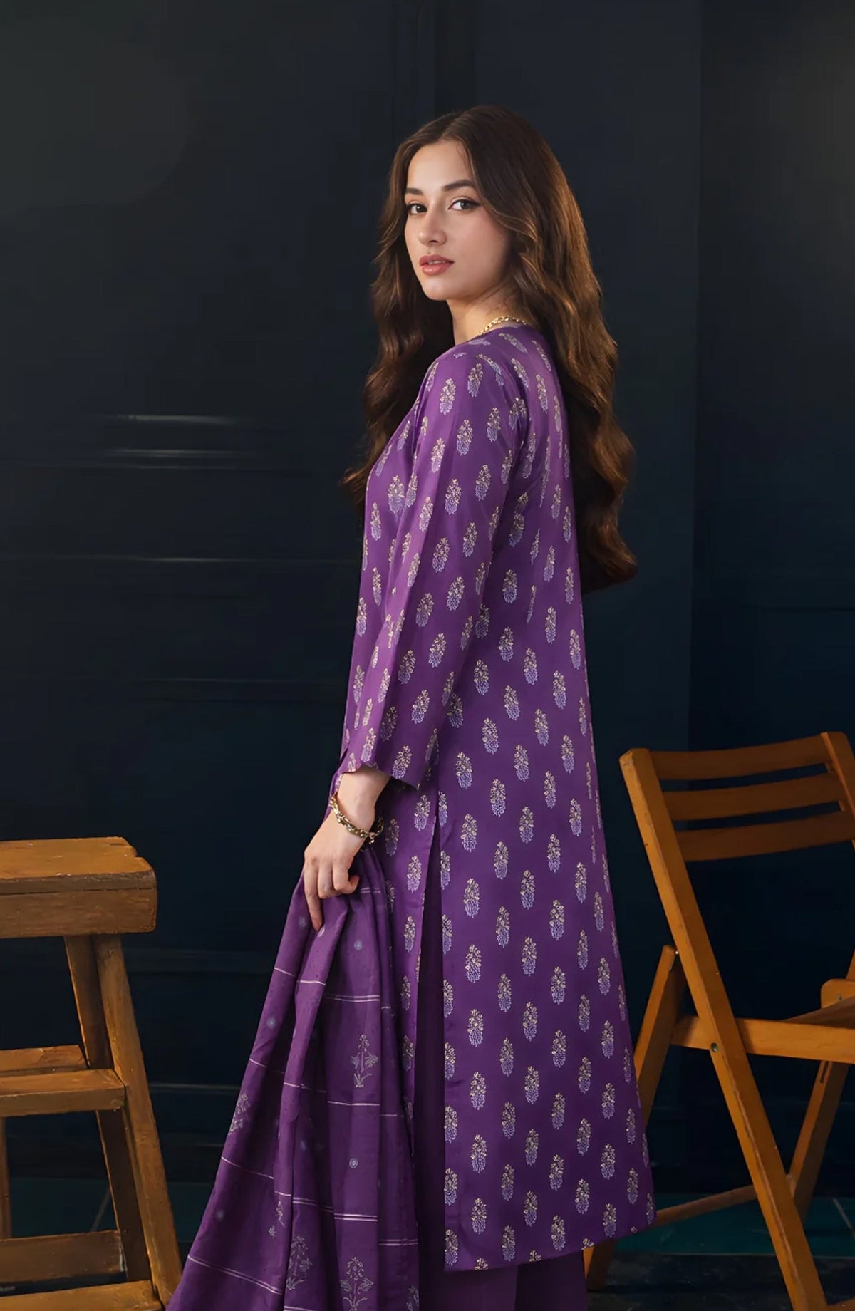 Ayla Printed Lawn Jacquard Stitched 3 Piece Suit - Zafaran Baft - AY26ED - Purple - Eid Collection