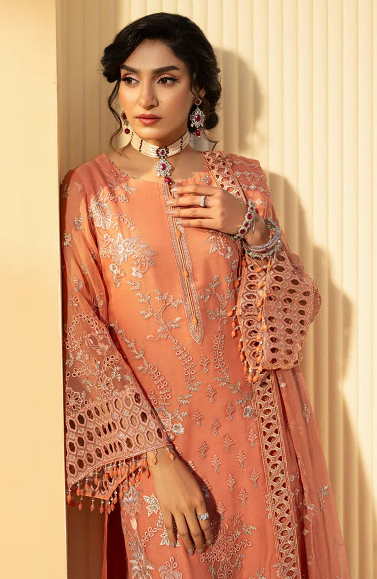 Nikhaar by Lavish Premium Embroidered Chiffon Unstitched 3 Piece Suit - Petite Orchid - LP25NIK - Peach - Formal Collection