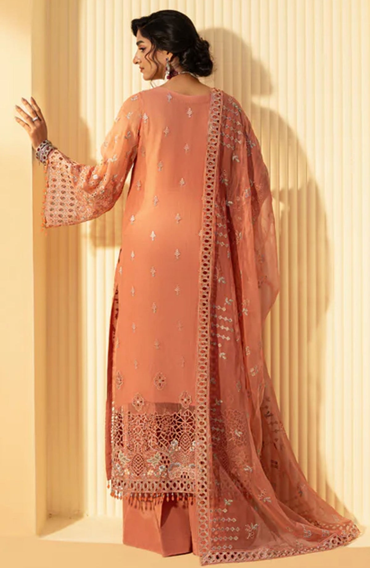 Nikhaar by Lavish Premium Embroidered Chiffon Unstitched 3 Piece Suit - Petite Orchid - LP25NIK - Peach - Formal Collection