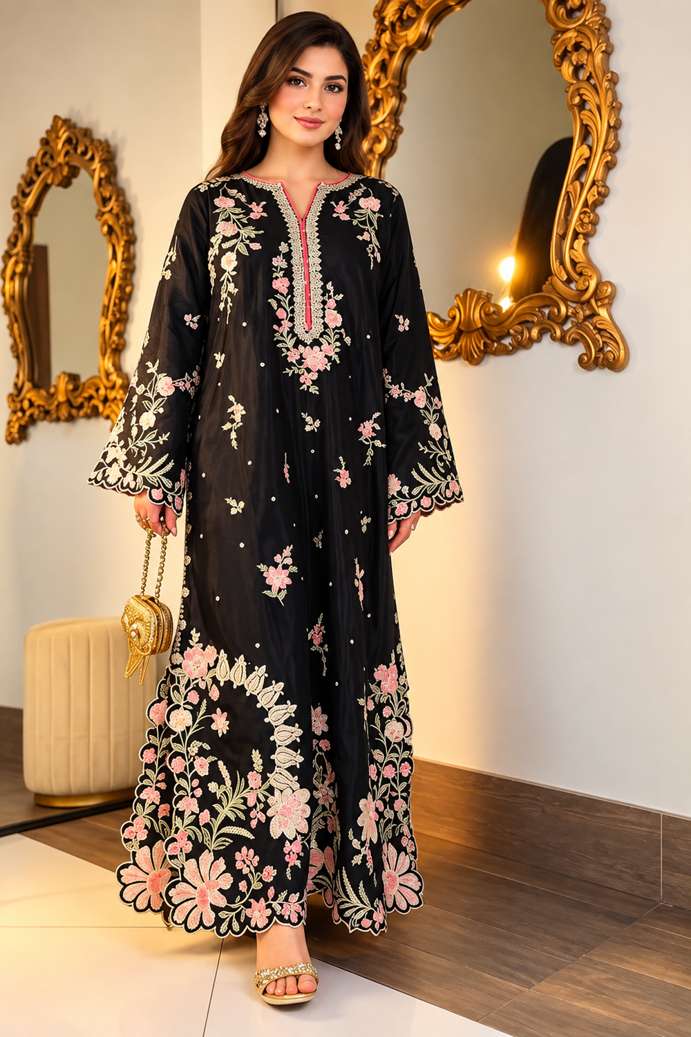ETHNC Luxury Floral Embroidered Kaftan – Pure Viscose Raw Silk | Ready to Wear - TC-1764