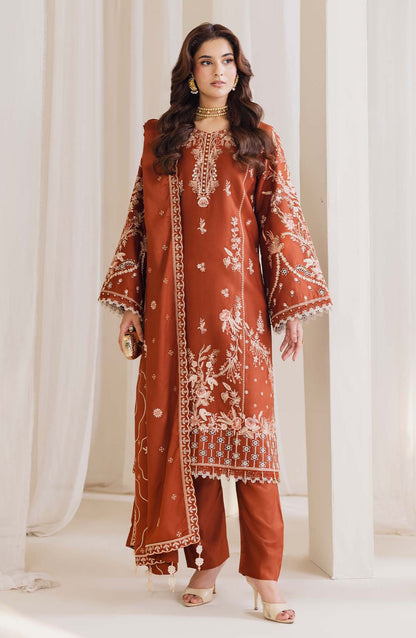 Peridot Embroidered Cotray Unstitched 3 Piece Suit - 593-A - PT26WT - Rust - Winter Collection