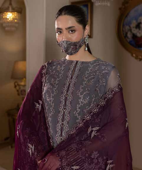 Kuch Khas By Flossie Chandani At Premium Chiffon 3pc Unstitched Suit - KKFCAK - D-09 - Grey