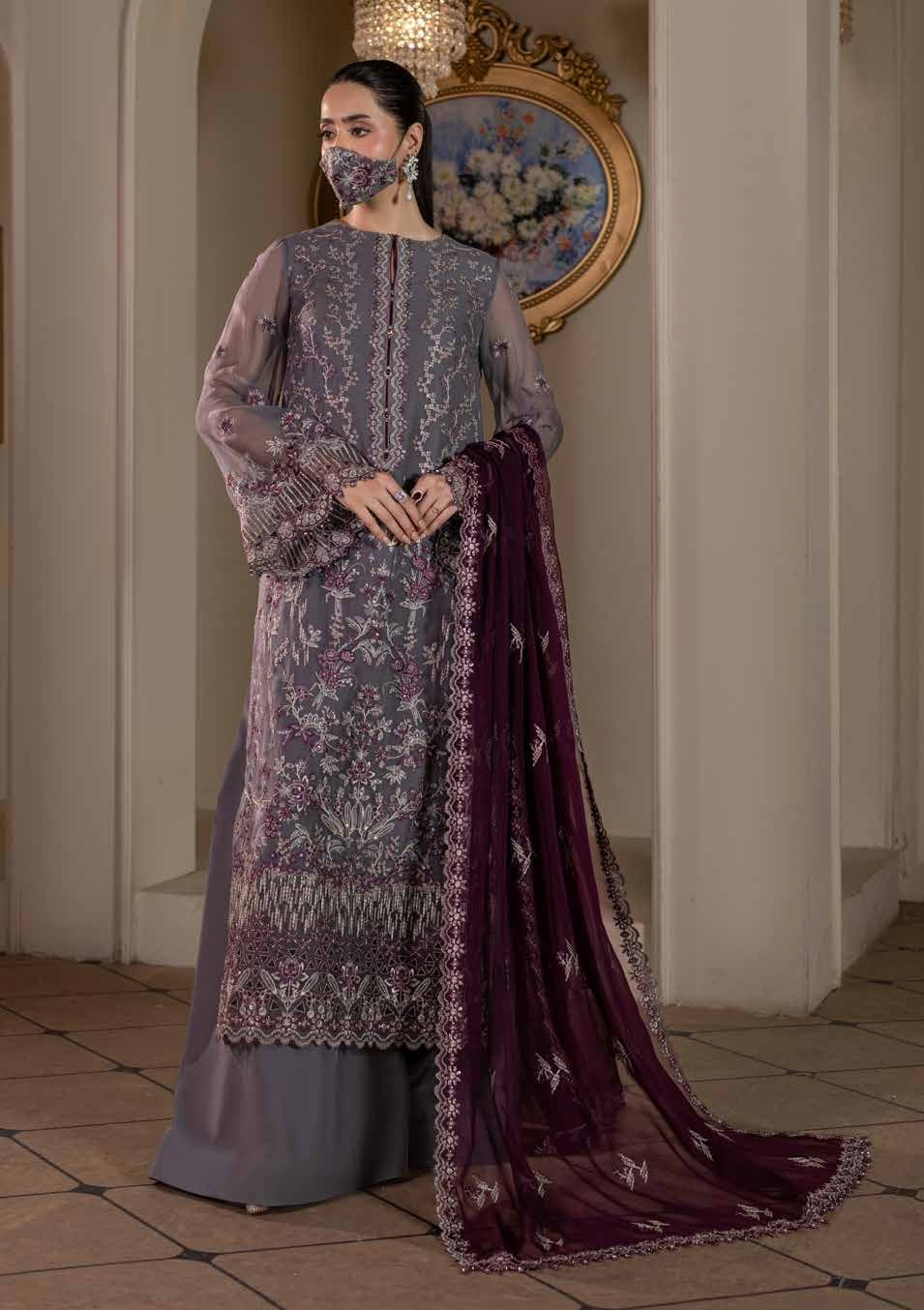Kuch Khas By Flossie Chandani At Premium Chiffon 3pc Unstitched Suit - KKFCAK - D-09 - Grey