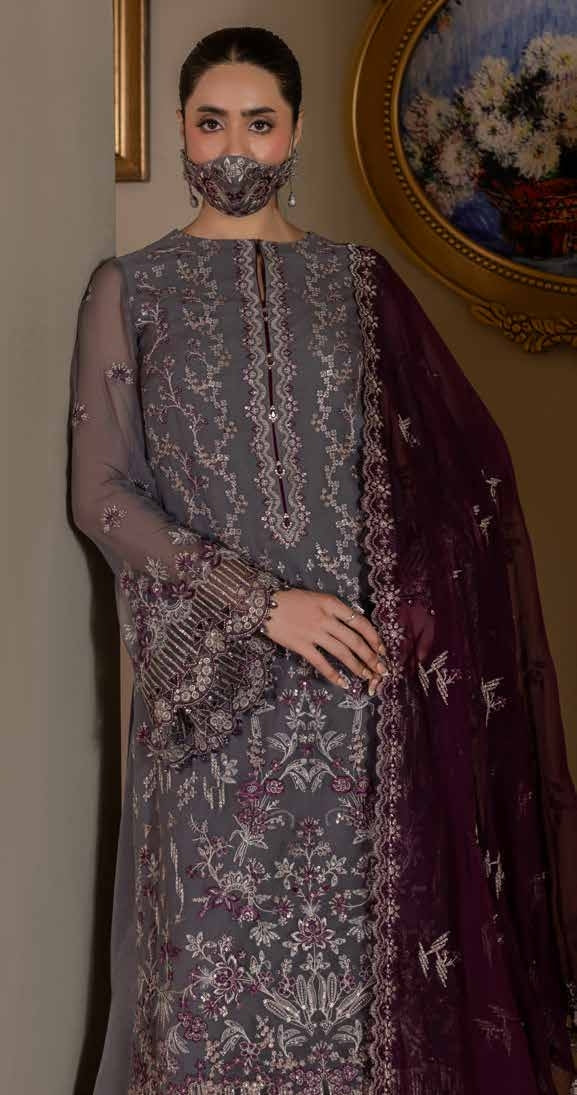 Kuch Khas By Flossie Chandani At Premium Chiffon 3pc Unstitched Suit - KKFCAK - D-09 - Grey