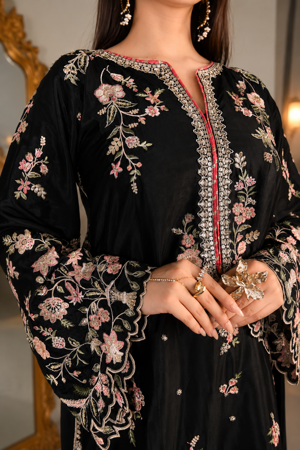 ETHNC Luxury Floral Embroidered Kaftan – Pure Viscose Raw Silk | Ready to Wear - TC-1764