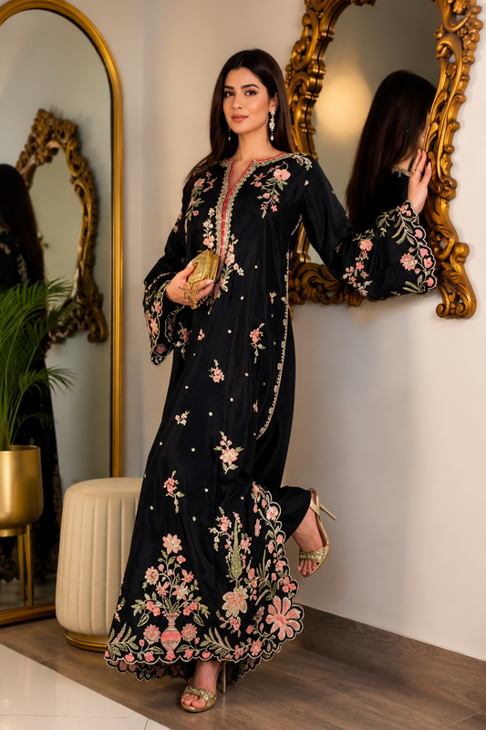 ETHNC Luxury Floral Embroidered Kaftan – Pure Viscose Raw Silk | Ready to Wear - TC-1764