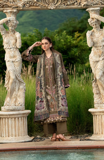 Florent Serenity Embroidered Karandi Unstitched 3 Piece Suit - 16 Ziva - FL26SNT - Brown - Winter Collection