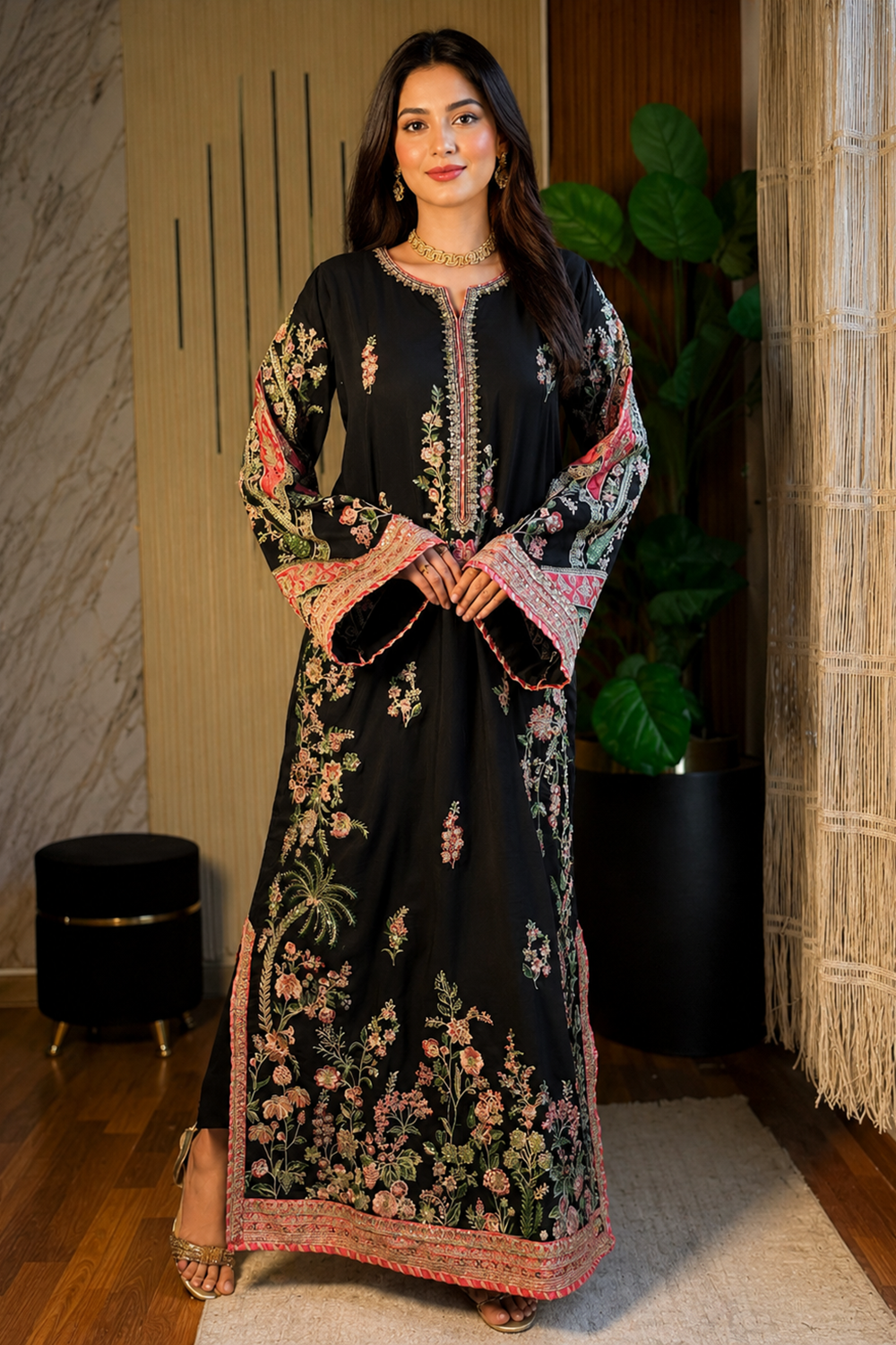 ETHNC Luxury Floral Embroidered Kaftan – Pure Viscose Raw Silk | Ready to Wear - TC-1794