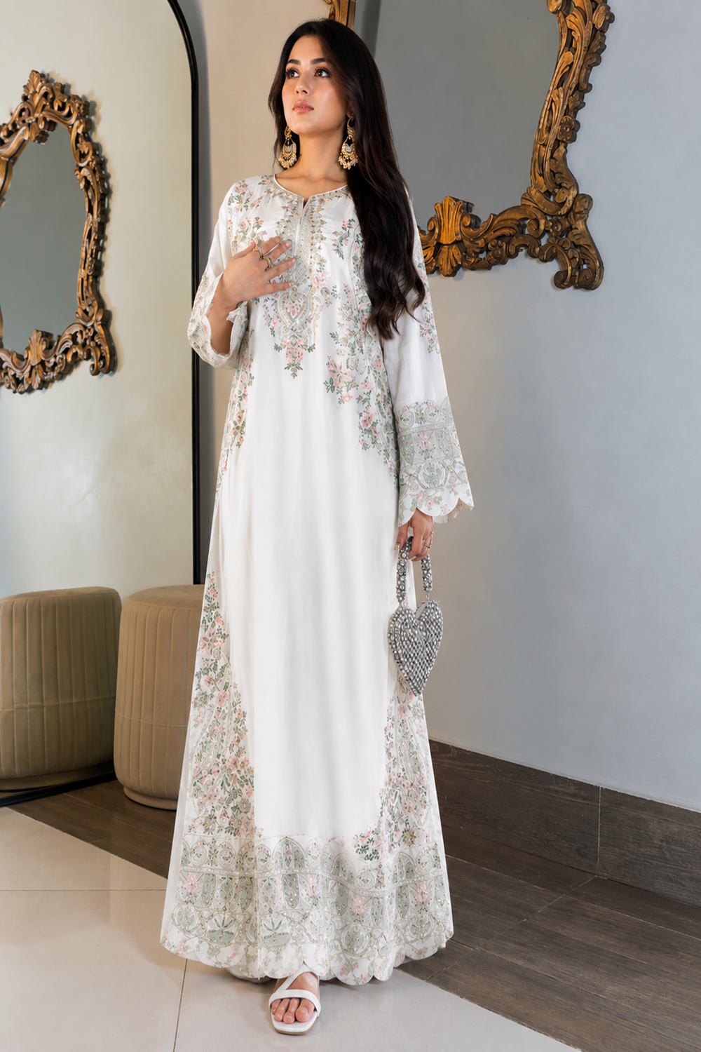 ETHNC Luxury Floral Embroidered Kaftan – Pure Viscose Raw Silk | Ready to Wear - TC-1762