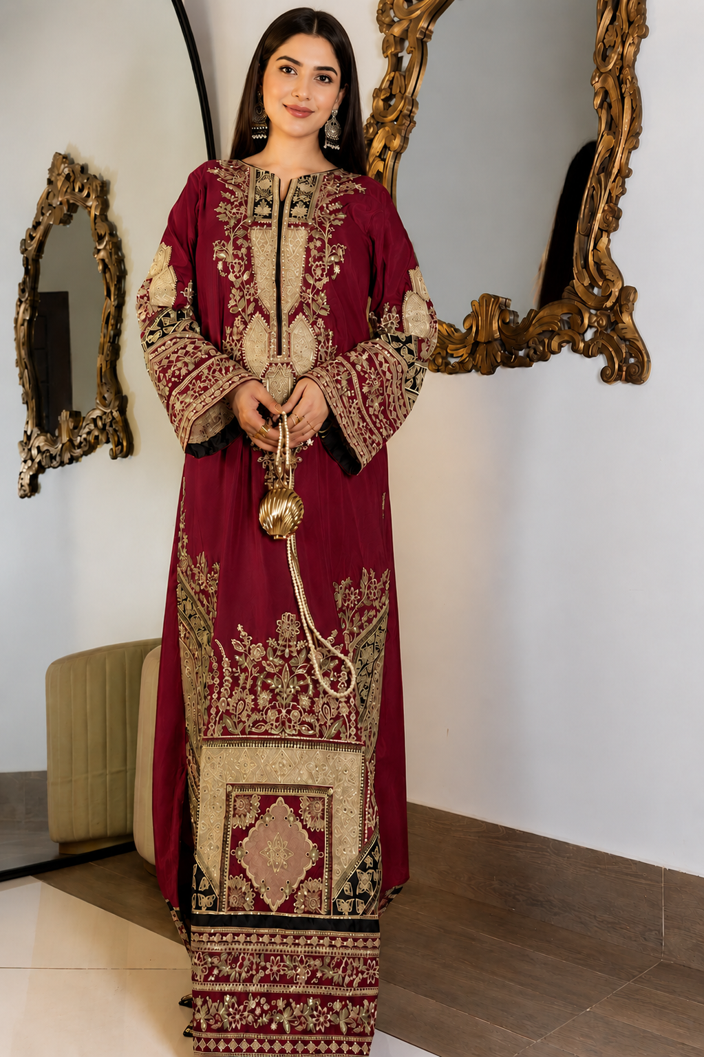 ETHNC Luxury Floral Embroidered Kaftan – Pure Viscose Raw Silk | Ready to Wear - TC-1763