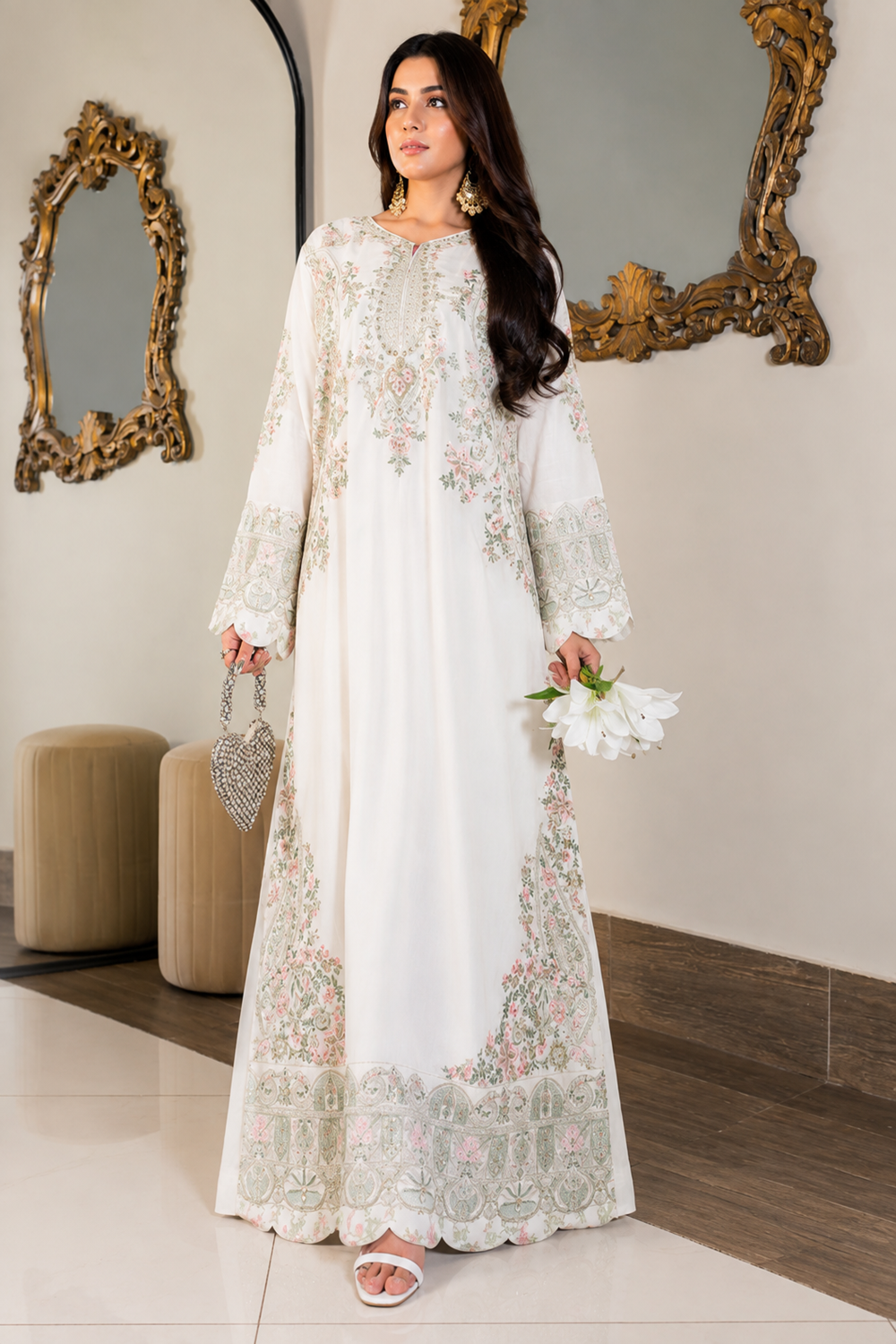 ETHNC Luxury Floral Embroidered Kaftan – Pure Viscose Raw Silk | Ready to Wear - TC-1762