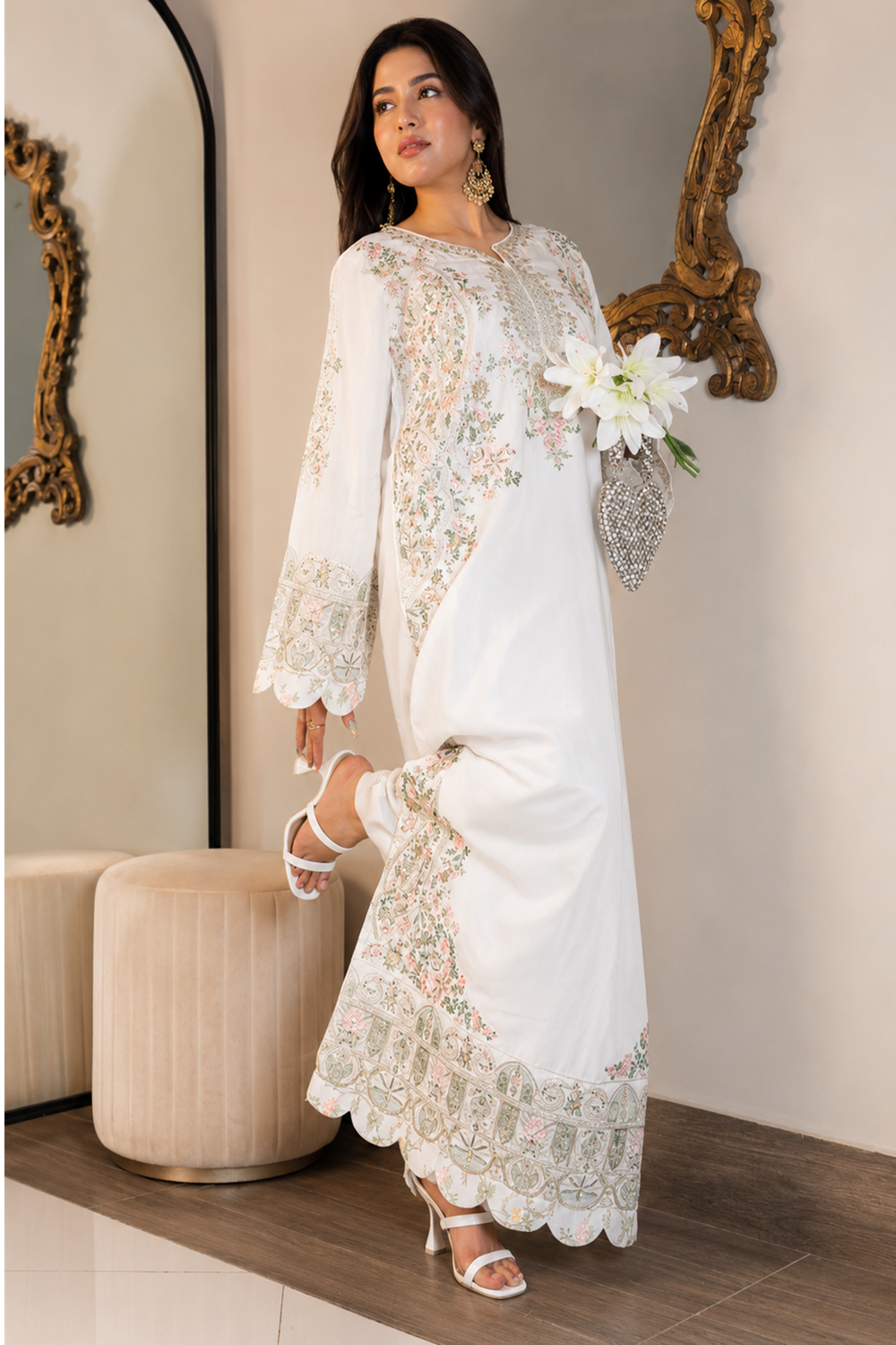 ETHNC Luxury Floral Embroidered Kaftan – Pure Viscose Raw Silk | Ready to Wear - TC-1762