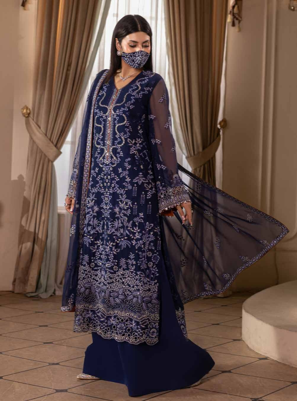 Kuch Khas By Flossie Chandani At Premium Chiffon 3pc Unstitched Suit - KKFCAK - D-04 - Navy Blue
