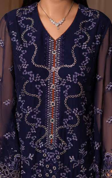 Kuch Khas By Flossie Chandani At Premium Chiffon 3pc Unstitched Suit - KKFCAK - D-04 - Navy Blue