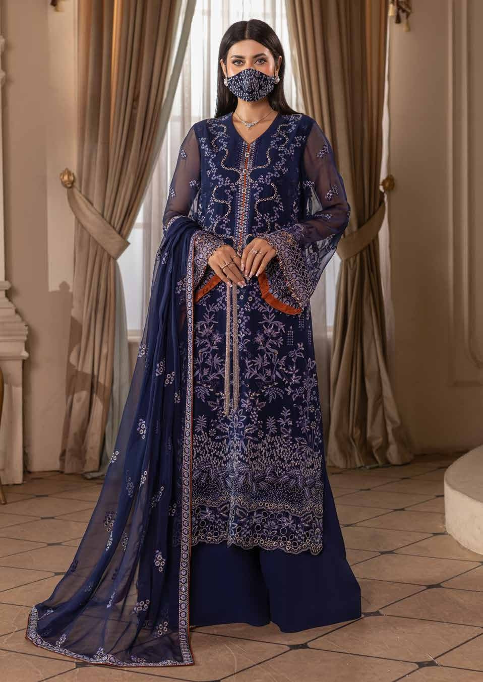 Kuch Khas By Flossie Chandani At Premium Chiffon 3pc Unstitched Suit - KKFCAK - D-04 - Navy Blue