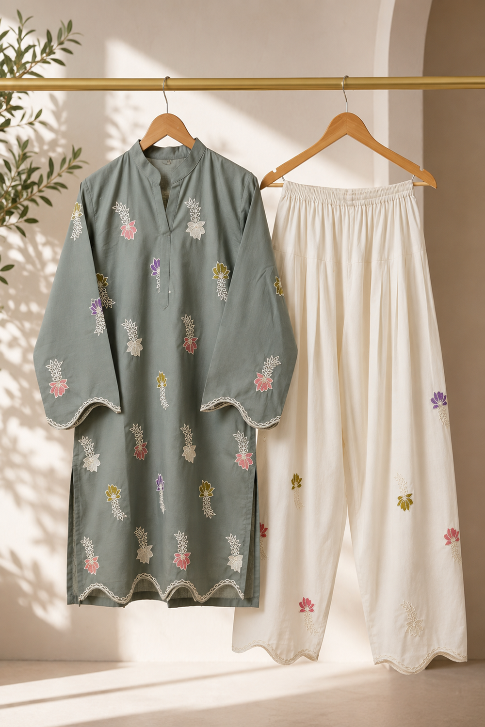 Premium Embroidered 2-Piece Cotton Suit with Farshi Shalwar - TC-1754