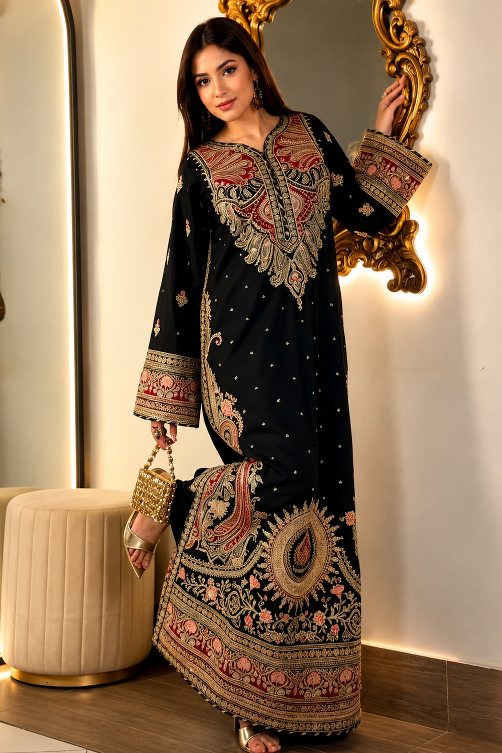 ETHNC Luxury Floral Embroidered Kaftan – Pure Viscose Raw Silk | Ready to Wear - TC-1778