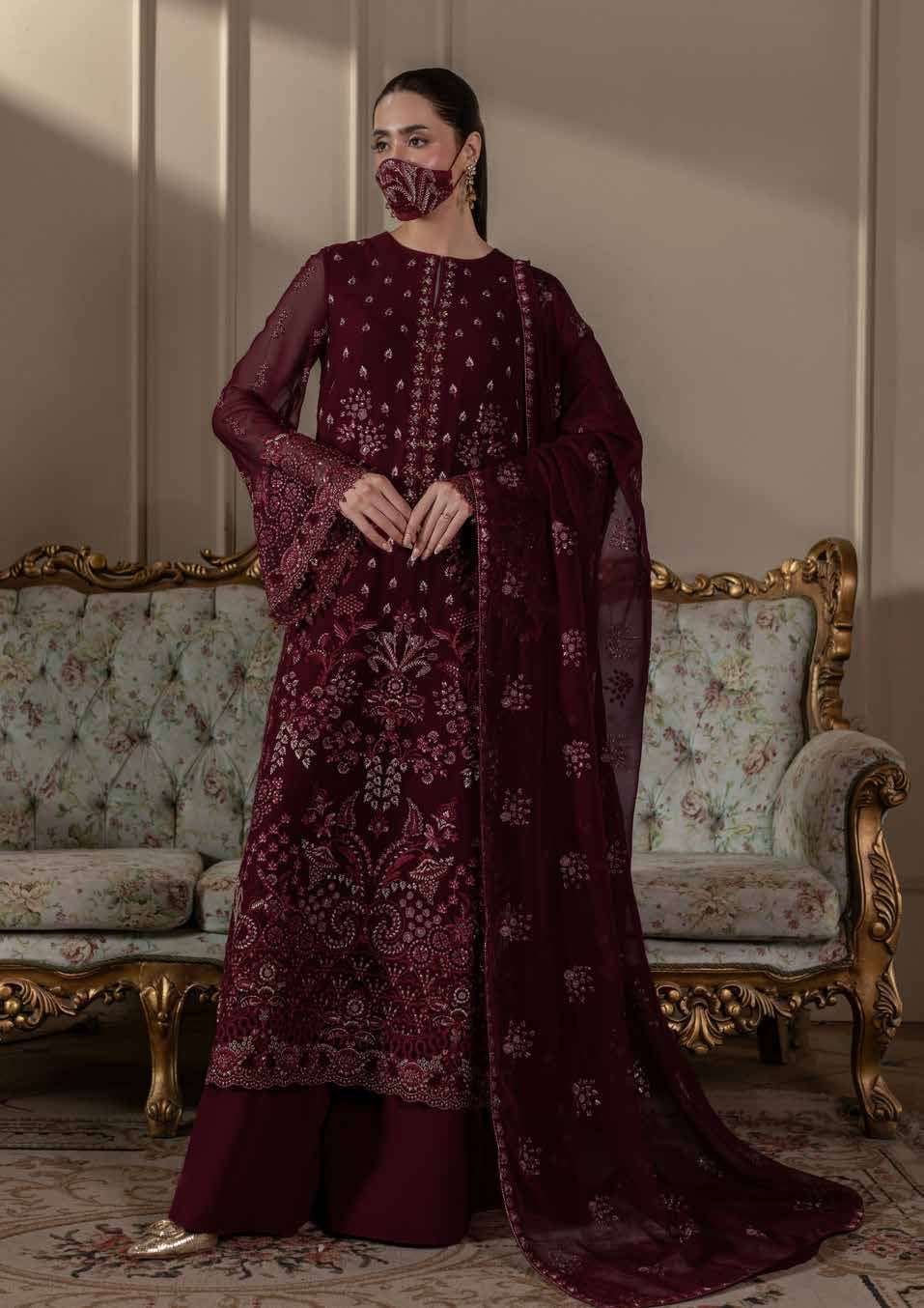 Kuch Khas By Flossie Chandani At Premium Chiffon 3pc Unstitched Suit - KKFCAK - D-07 - Maroon