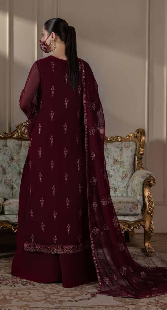 Kuch Khas By Flossie Chandani At Premium Chiffon 3pc Unstitched Suit - KKFCAK - D-07 - Maroon