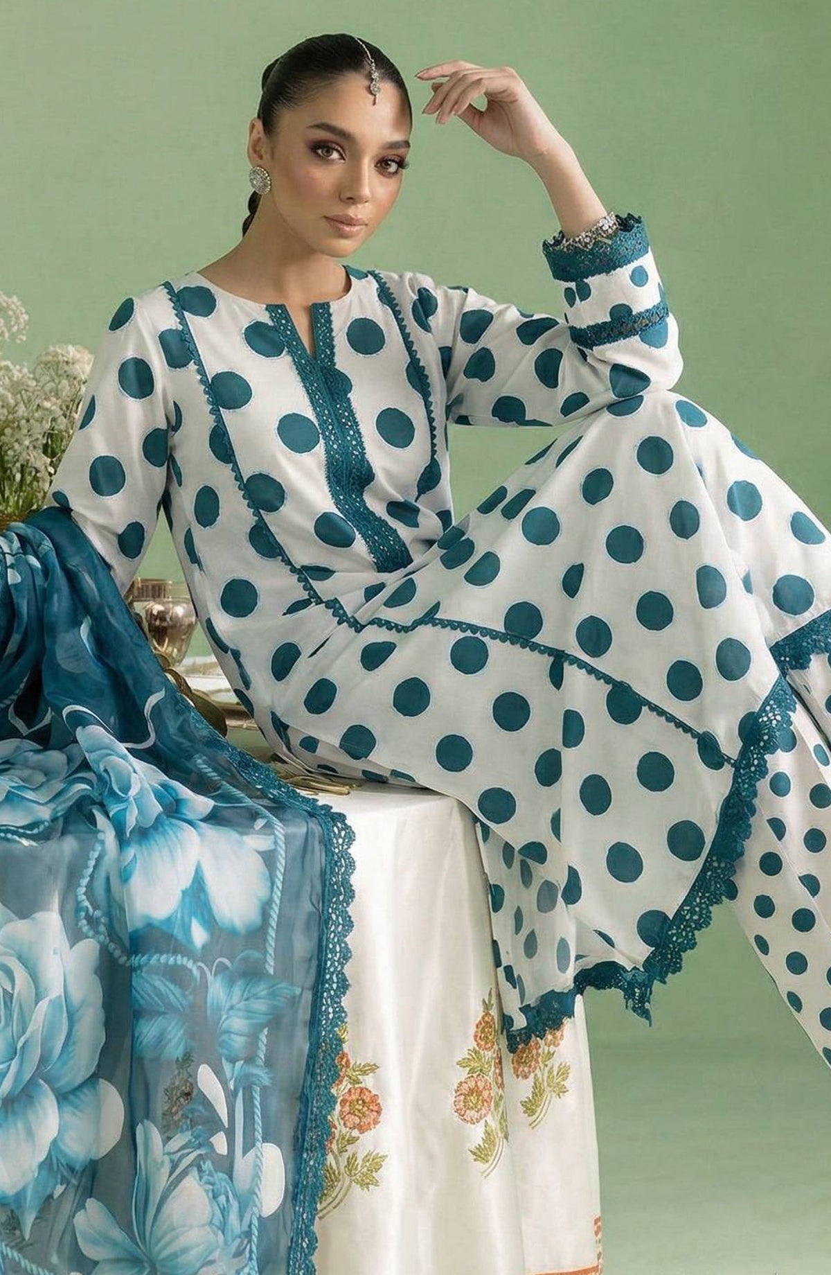 A Dots by Aalaya Printed Lawn Unstitched 3 Piece Suit - D-06 - ALY26DTS - Teal - Summer Collection