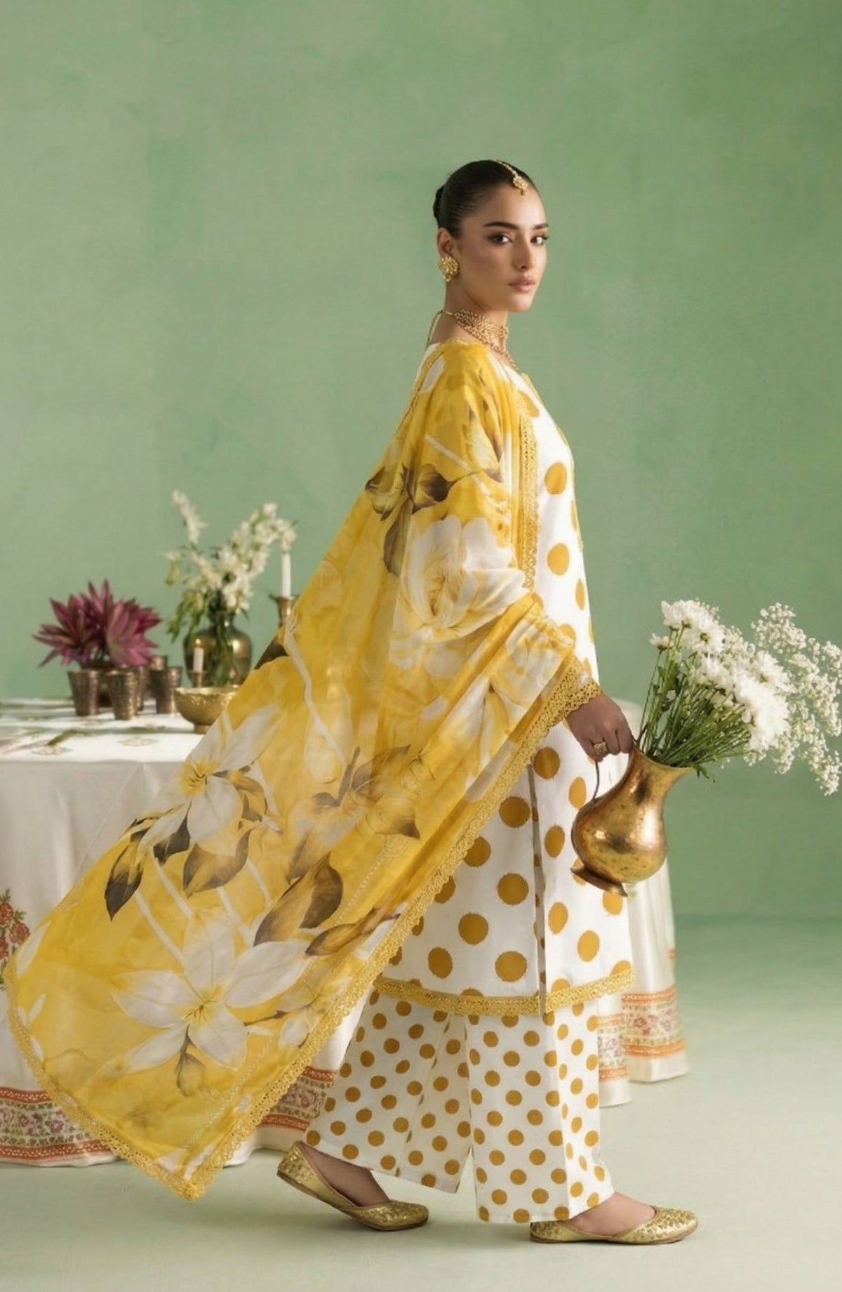 A Dots by Aalaya Printed Lawn Unstitched 3 Piece Suit - D-04 - ALY26DTS - Mustard - Summer Collection