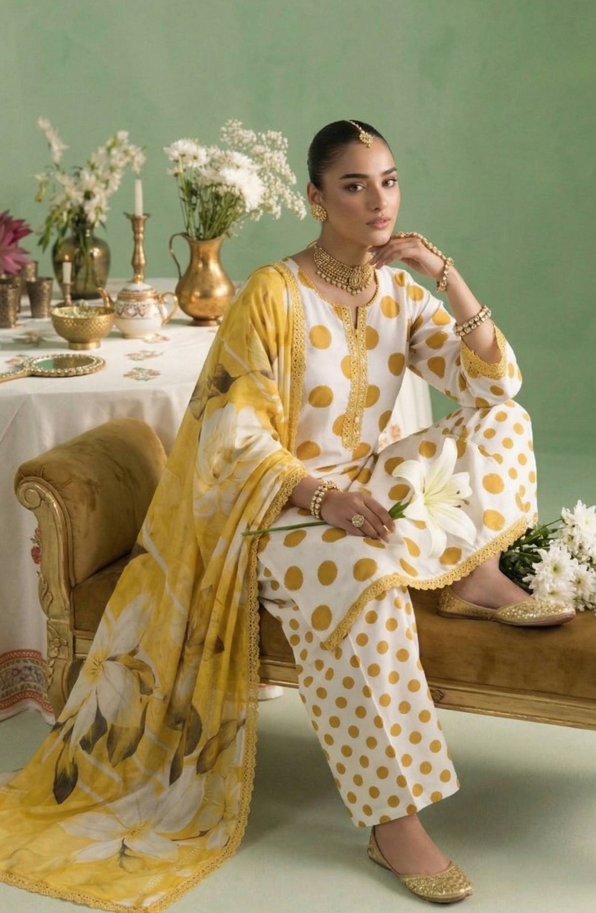 A Dots by Aalaya Printed Lawn Unstitched 3 Piece Suit - D-04 - ALY26DTS - Mustard - Summer Collection