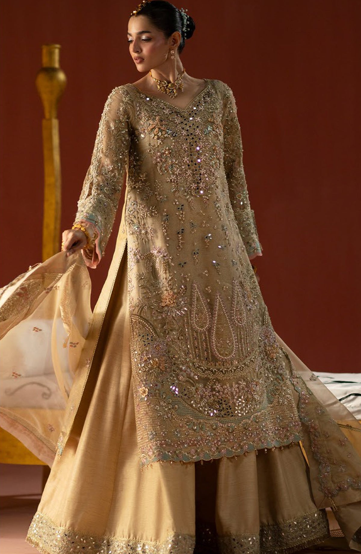AJR Signature Embroidered Organza Unstitched 3 Piece Suit - 01 Mahtaab - AJR26WED - Golden - Wedding Collection