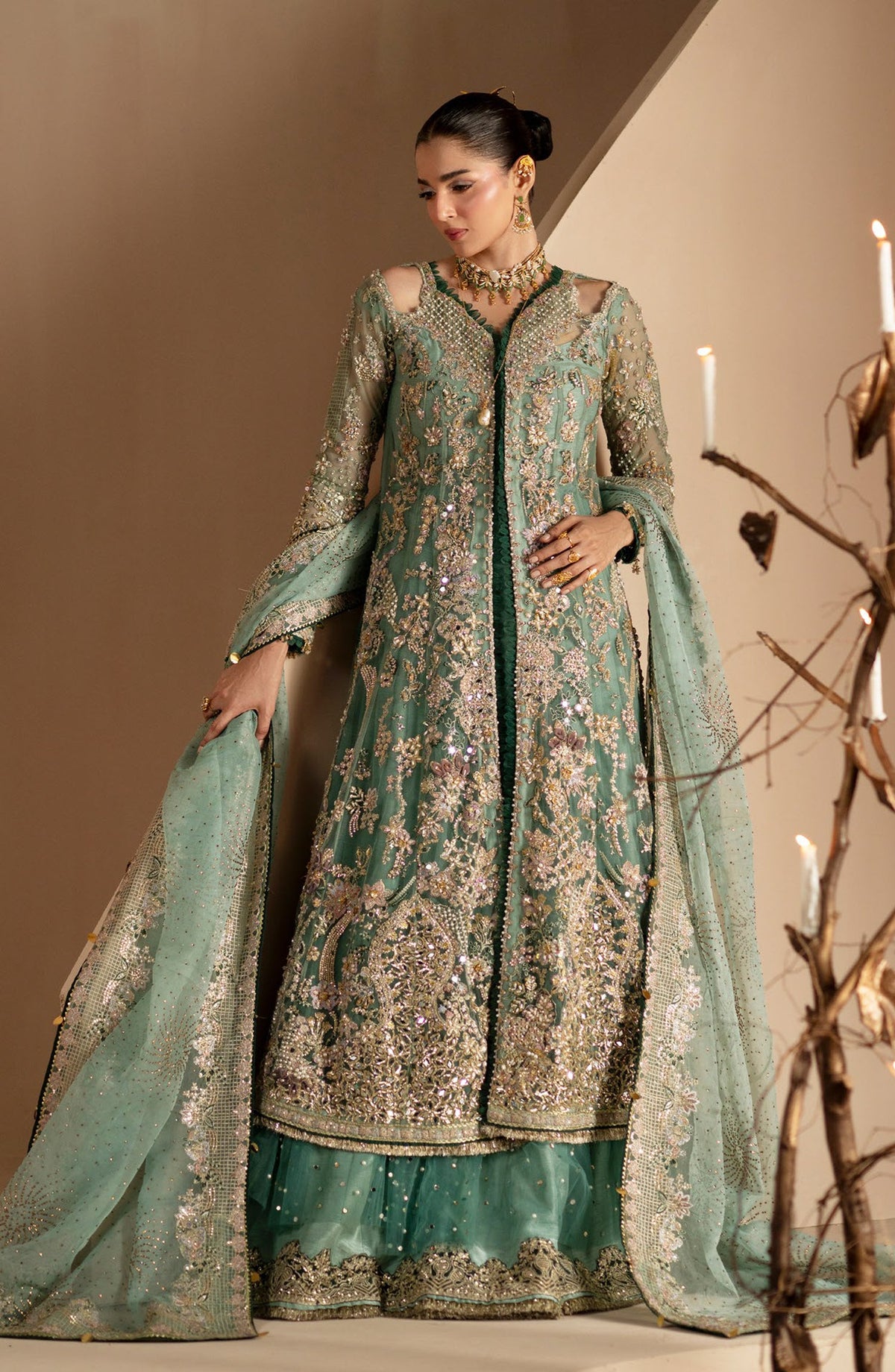 AJR Signature Embroidered Organza Unstitched 3 Piece Suit - 02 Rumi - AJR26WED - Sea Green - Wedding Collection