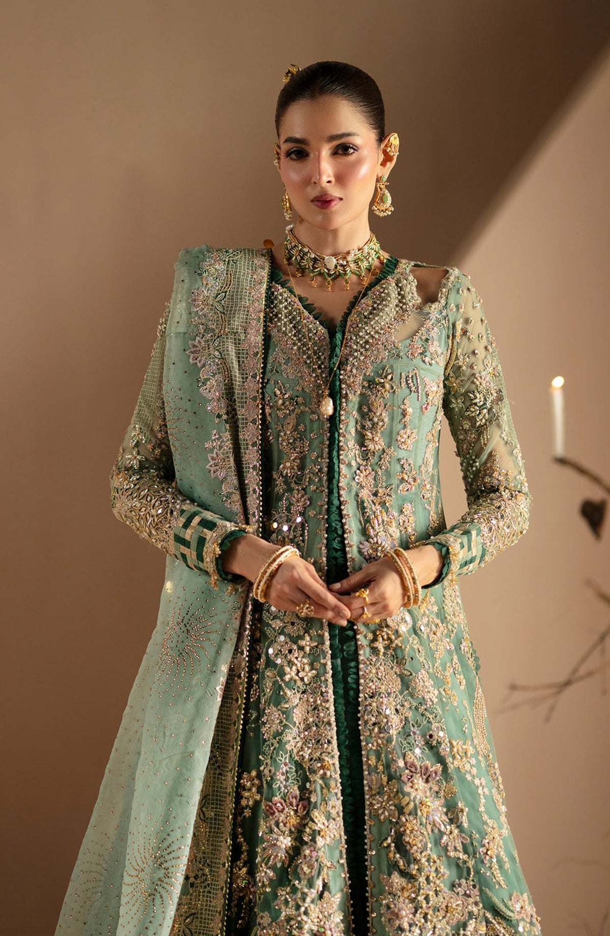 AJR Signature Embroidered Organza Unstitched 3 Piece Suit - 02 Rumi - AJR26WED - Sea Green - Wedding Collection