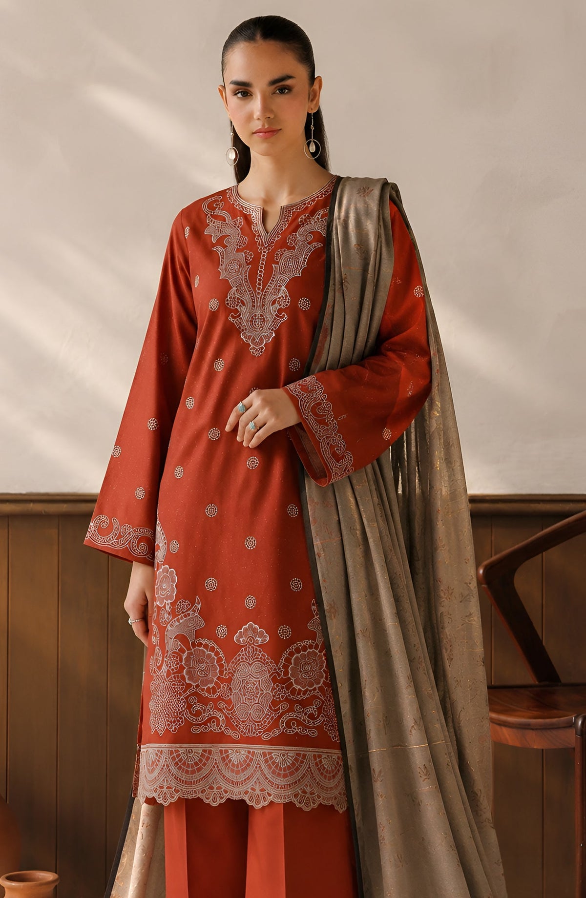 Afreen by Amna Khadija Embroidered Chamki Unstitched 3 Piece Suit - D-02 - AM26FRN - Orange - Winter Collection