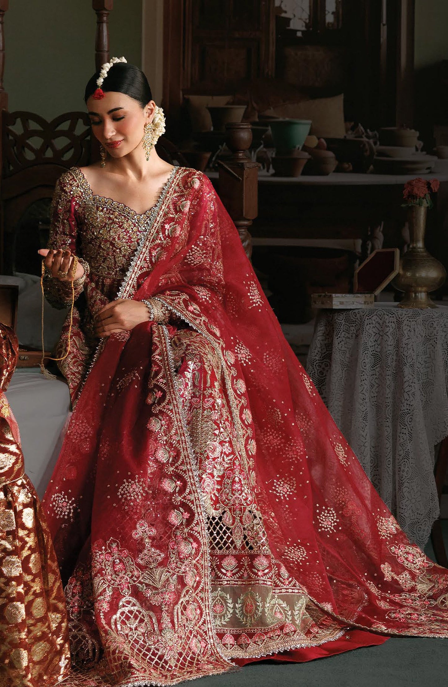 Afrozeh Shehnai Embroidered Raw Silk Unstitched 3 Piece Suit - 10 Virsa - AFS26SHN - Red - Formal Collection
