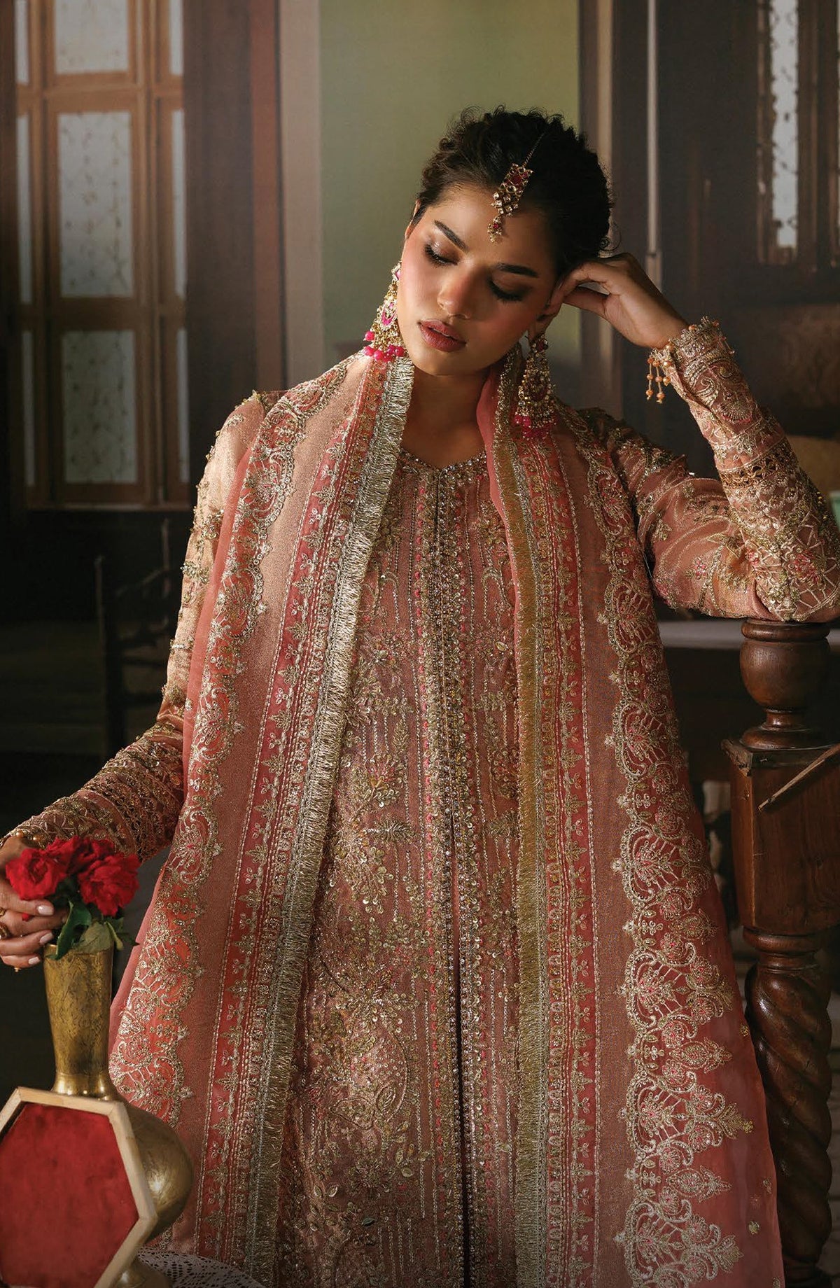 Afrozeh Shehnai Embroidered Tissue Zari Unstitched 3 Piece Suit - 01 Aabroo - AFS26SHN - Pink - Formal Collection