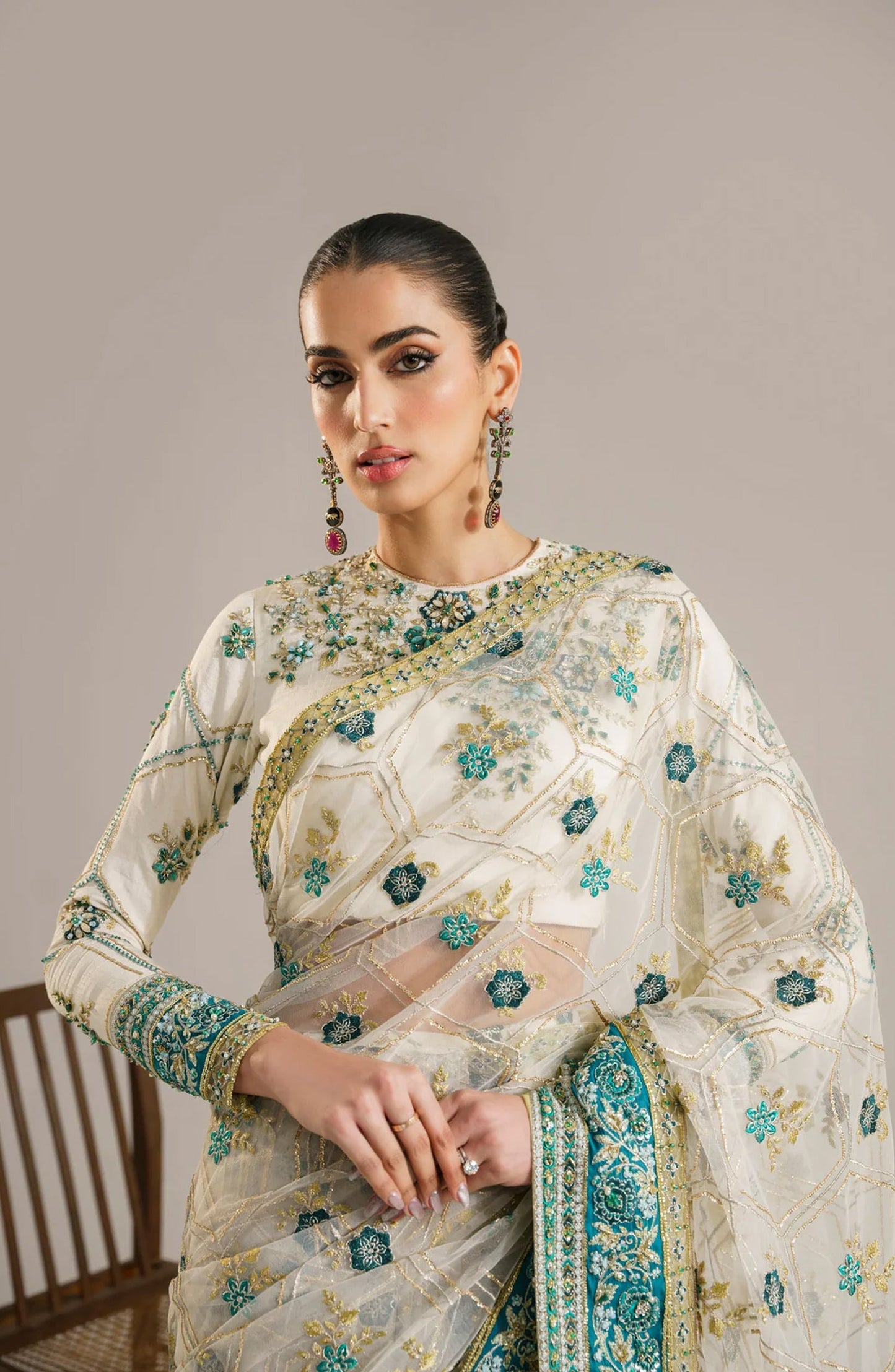 Afsana by Akbar Aslam Embroidered Raw Silk Unstitched Saree - Atika - AKA25AFS - Off White - Festive Collection