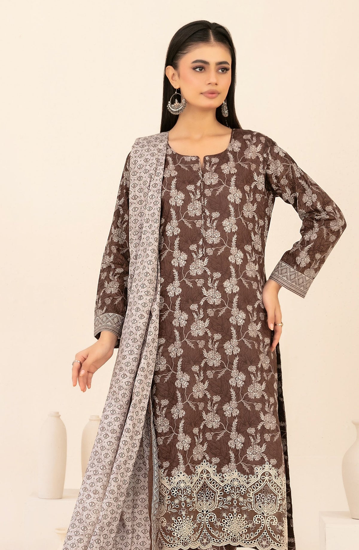 Ailani by Tawakkal Fabrics Embroidered Lawn Unstitched 3 Piece Suit - D-3721 - TF26ALN - Brown - Summer Collection
