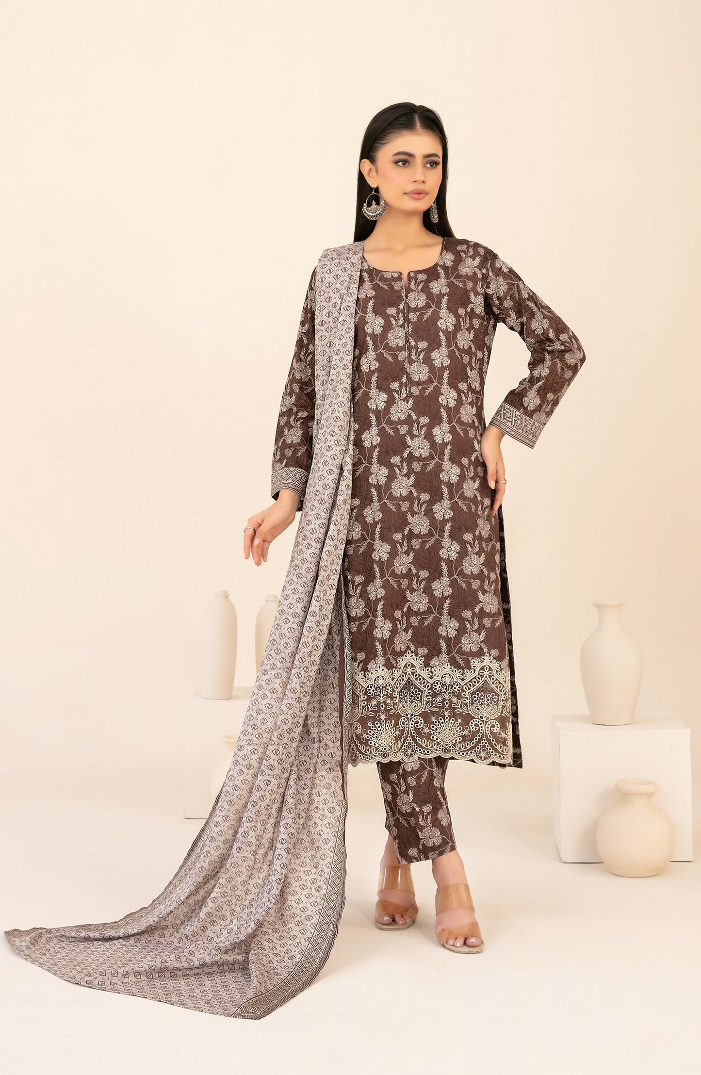 Ailani by Tawakkal Fabrics Embroidered Lawn Unstitched 3 Piece Suit - D-3721 - TF26ALN - Brown - Summer Collection